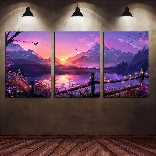 3pcs Purple & Pink Sky Sunset Metal Print Ready to Hang Art