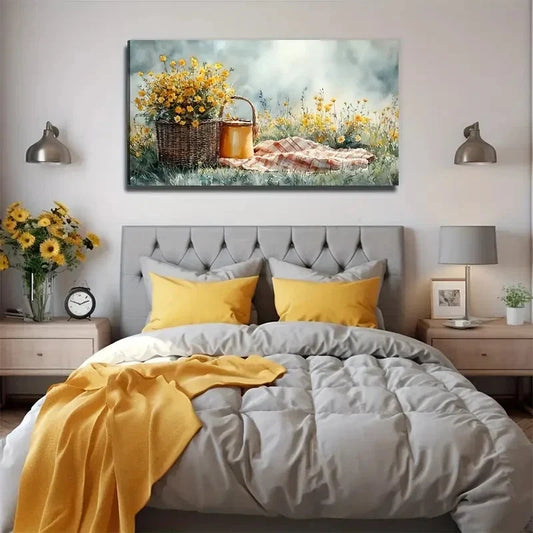 Flat Yellow Flowers The Meadow Wall Art Canvas Office Home Room Framed 120x60cm