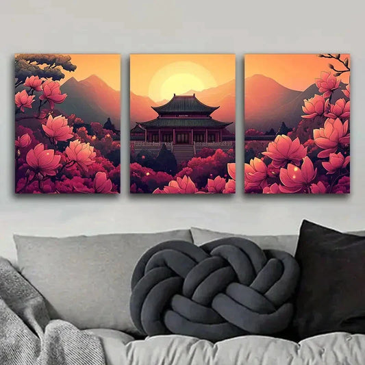 3pcs Colorful ancient Chinese buildings Metal Print Ready to Hang Art