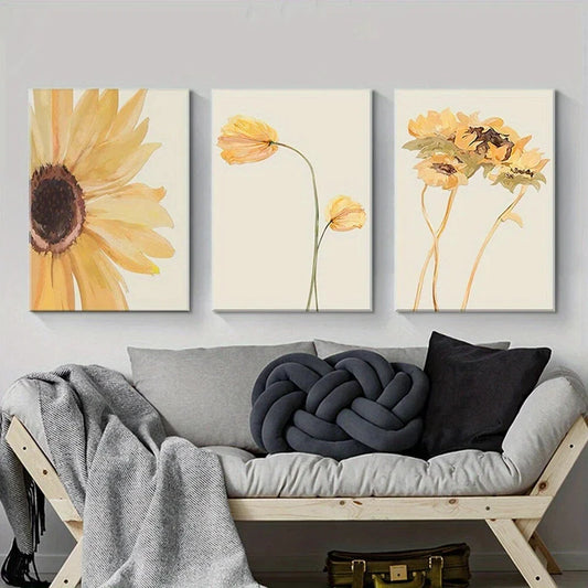 3pcs Bright Yellow Flowers Oil Painting Metal Print Ready to Hang Art