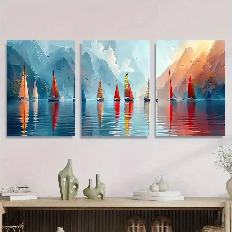 3pcs Colorful Sailboats on Water Metal Print Ready to Hang Art