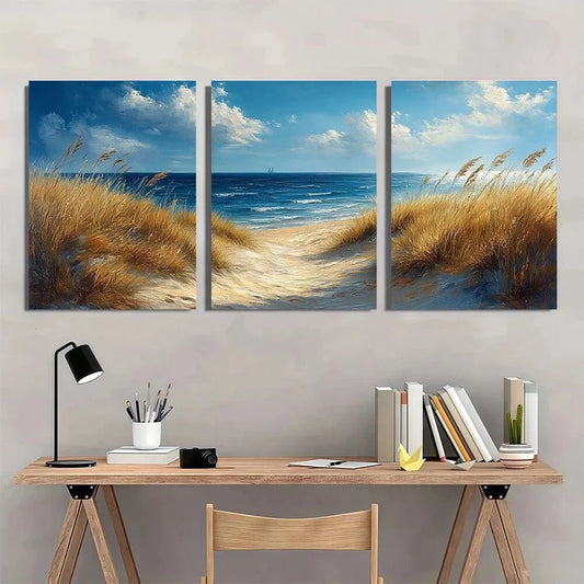 3pcs Serene Seaside Blue Sky White Clouds Metal Print Ready to Hang Art