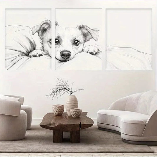 3pcs Adorable Puppy Black and White Sketch Wall Art Set Canvas Framed 40x60cm - High Quality Print 100% Australian Made Wall Canvas Ready to Hang