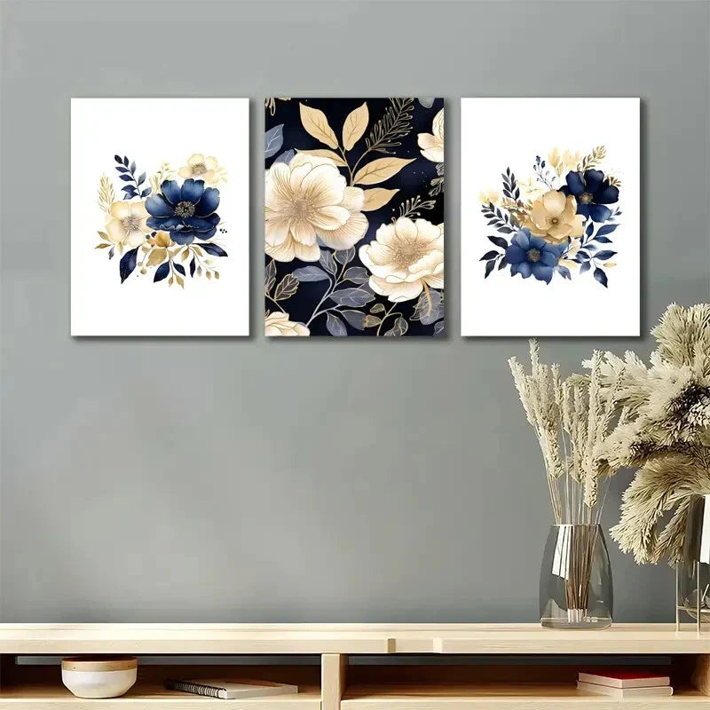 3pcs Navy Blue And Golden Vintage Metal Print Ready to Hang Art