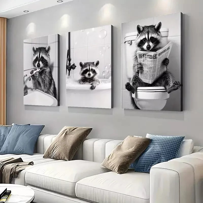 3pcs Abstract Raccoon in Funny Situations Wall Art Set Canvas Framed 40x60cm - High Quality Print 100% Australian Made Wall Canvas Ready to Hang