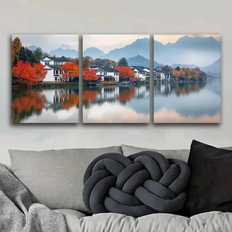 3pcs Vibrant Red Trees & Reflective Water Metal Print Ready to Hang Art