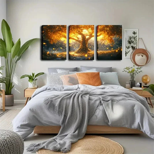 3pcs Golden Glow Tree Landscape Painting Wall Art Set Canvas Framed 40x60cm - High Quality Print 100% Australian Made Wall Canvas Ready to Hang
