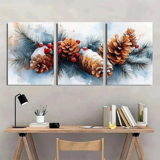 3pcs Snowy Pine Cones & Berries Decorations Wall Art Set Canvas Framed 40x60cm - High Quality Print 100% Australian Made Wall Canvas Ready to Hang