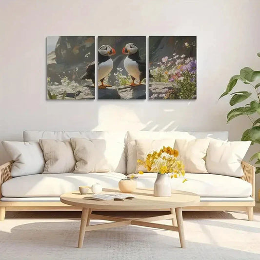 3pcs Vibrant Sea Parrot on Rocky Shoreline Metal Print Ready to Hang Art