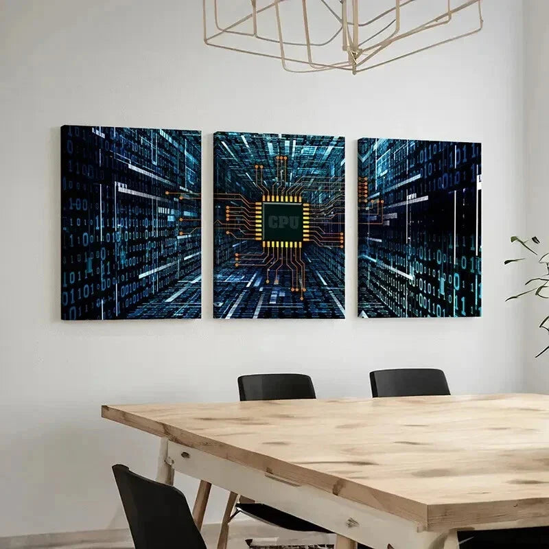 3pcs Technology with Chips CPU Internet Wall Art Set Canvas Framed 40x60cm - High Quality Print 100% Australian Made Wall Canvas Ready to Hang