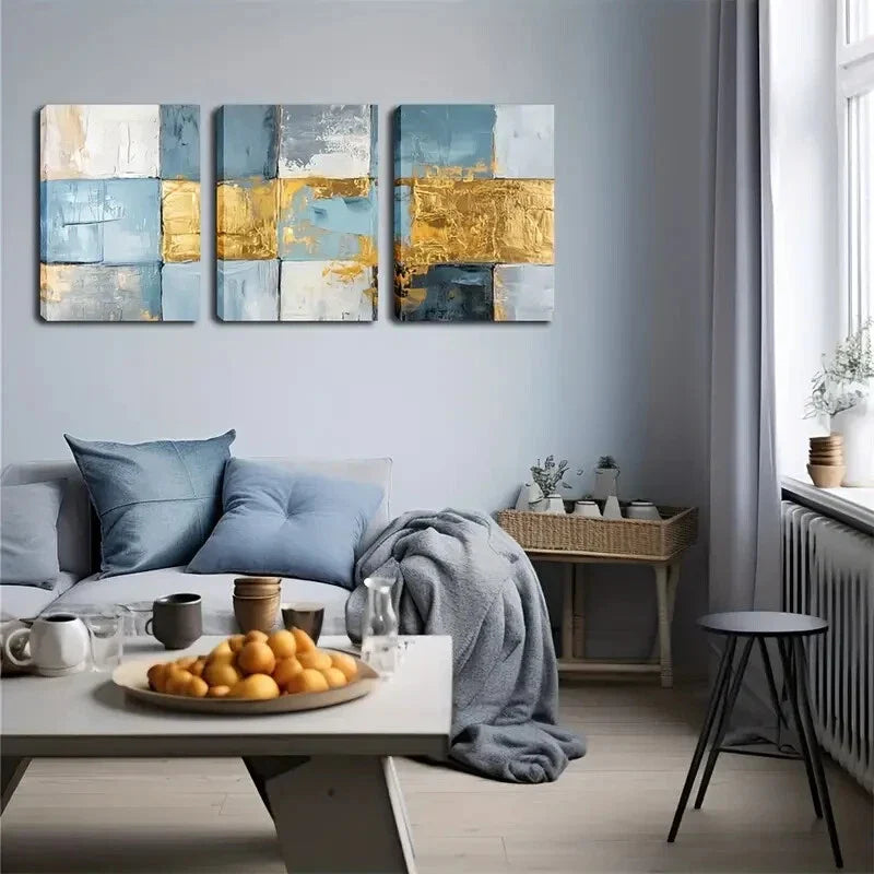 3pcs Painted Textured Panels in Blue & Golden Wall Art Set Canvas Framed 40x60cm - High Quality Print 100% Australian Made Wall Canvas Ready to Hang