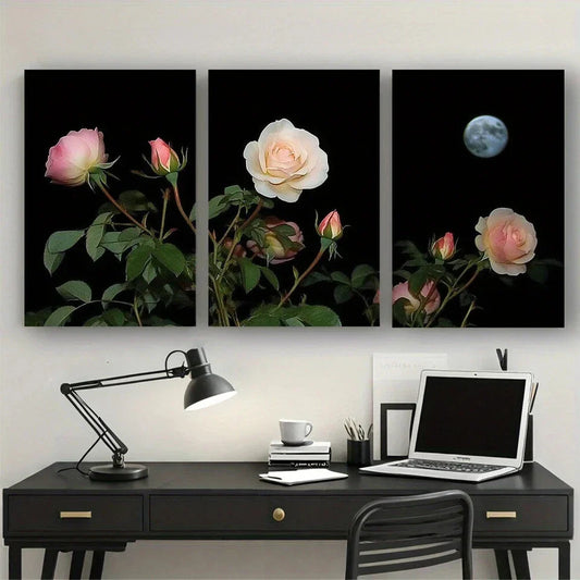 3pcs Moonlight Elegant Pink Rose Night Sky Metal Print Ready to Hang Art