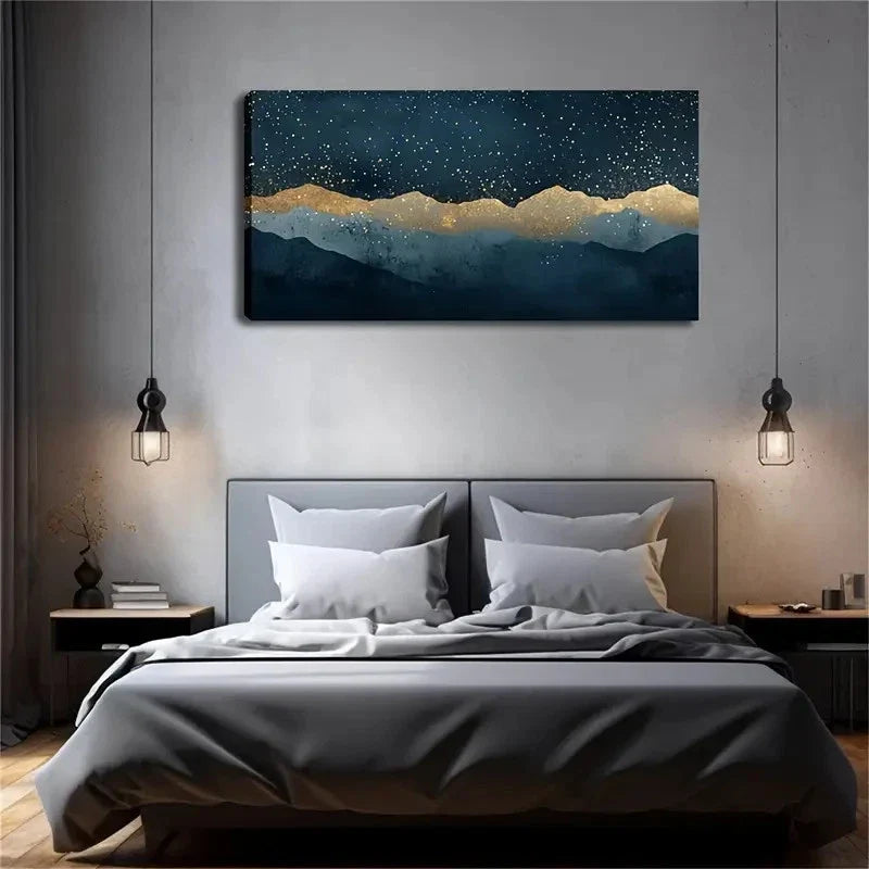 Deep Blue & Golden Starry Wall Art canvas office home room framed 120x60cm