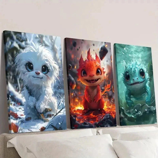 3pcs Cute Little Fantasy Cartoon Monsters Wall Art Set Canvas Framed 40x60cm - High Quality Print 100% Australian Made Wall Canvas Ready to Hang