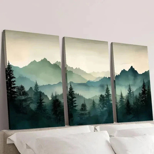 3pcs Foggy Forest and Mountain Peaks Wall Art Set Canvas Framed 40x60cm - High Quality Print 100% Australian Made Wall Canvas Ready to Hang