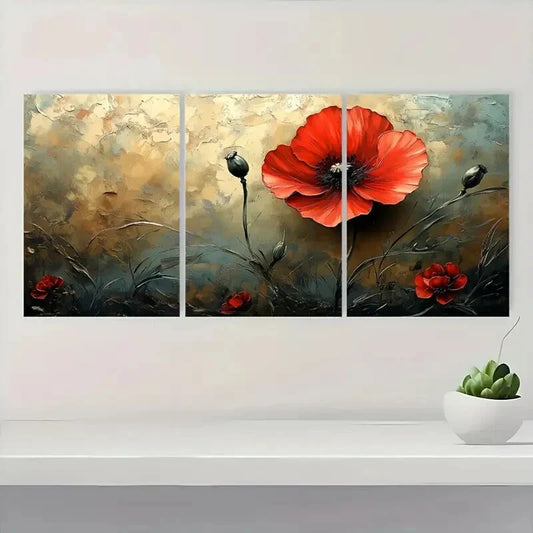 3pcs Vibrant Poppy Flower Red & Green Buds Metal Print Ready to Hang Art