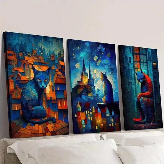 3pcs Cat Sitting on the Roof Starry Night Sky Wall Art Set Canvas Framed 40x60cm - High Quality Print 100% Australian Made Wall Canvas Ready to Hang
