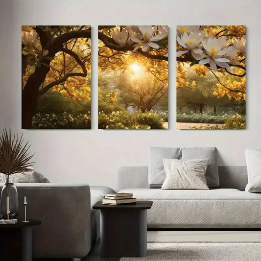 3pcs Magnolia Tree Sunlight Through Blossoms Metal Print Ready to Hang Art
