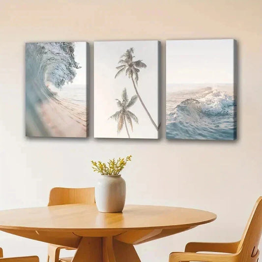 3pcs Sea Waves and Palm Tree Prints Wall Art Set Canvas Framed 40x60cm - High Quality Print 100% Australian Made Wall Canvas Ready to Hang