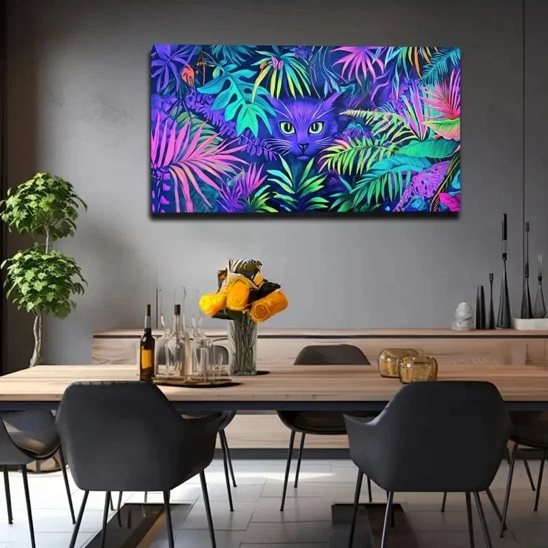 Purple Cat In Vibrant Tropical Wall Art Canvas Office Home Room Framed 120x60cm