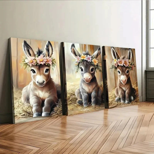 3pcs Cute Baby Big Eyes Donkey Florals & Leaves Wall Art Set Canvas Framed 40x60cm - High Quality Print 100% Australian Made Wall Canvas Ready to Hang