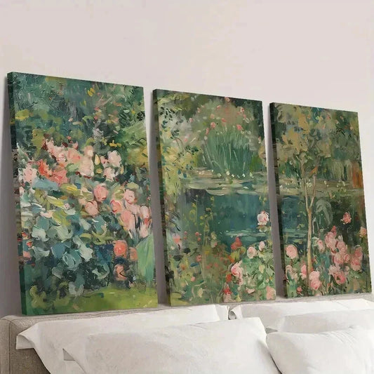 3pcs Vintage Garden Pond & Water Lilies Wall Art Set Canvas Framed 40x60cm - High Quality Print 100% Australian Made Wall Canvas Ready to Hang