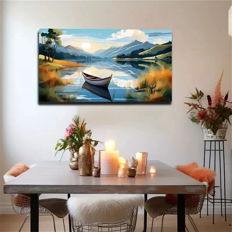 Boat On The Lake Modern Décor Wall Art Canvas Office Home Room Framed 80x45cm