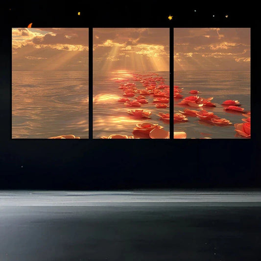 3pcs Sunset River Rose Petal Design Metal Print Ready to Hang Art