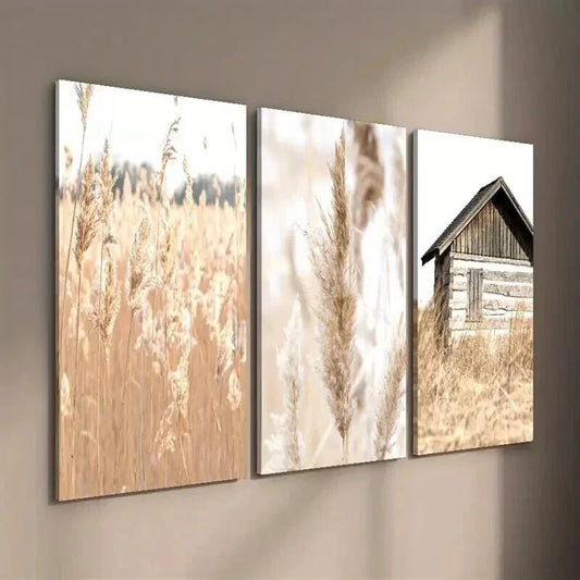 3pcs Rustic House & Reed Fields Landscape Wall Art Set Canvas Framed 40x60cm - High Quality Print 100% Australian Made Wall Canvas Ready to Hang