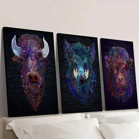 3pcs The Heads of Bulls Boars and Monkeys Wall Art Set Canvas Framed 40x60cm - High Quality Print 100% Australian Made Wall Canvas Ready to Hang