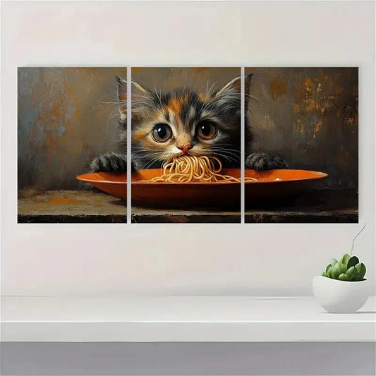 3pcs Whimsical Cat Eating Noodles Painting Metal Print Ready to Hang Art
