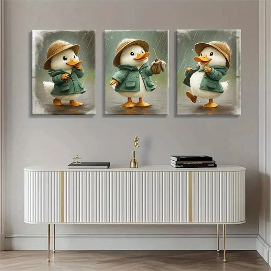 3pcs Playful Cartoon Duck with Raincoat Metal Print Ready to Hang Art