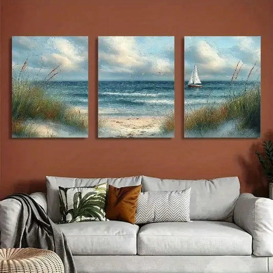 3pcs Beach Scene With Ocean Sailboat Metal Print Ready to Hang Art