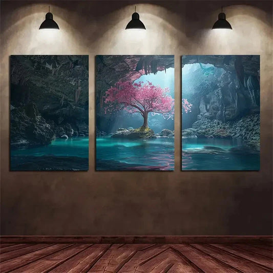 3pcs Large Cave With Water and Pink Trees Metal Print Ready to Hang Art