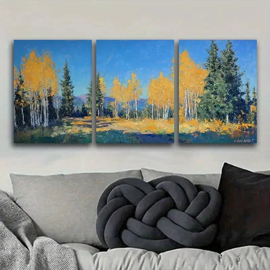3pcs Autumn Birch Forest Vibrant Fall Colors Metal Print Ready to Hang Art