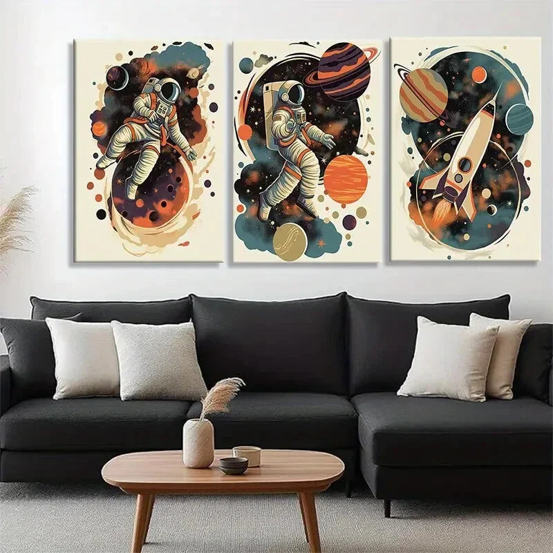 3pcs Retro Space Exploration Astronauts Perfect Wall Art Set Canvas Framed 40x60cm - High Quality Print 100% Australian Made Wall Canvas Ready to Hang