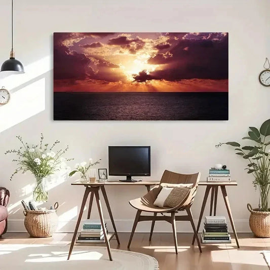 Ocean Sunset Vibrant Seaside Wall Art Canvas Office Home Room Framed 120x60cm