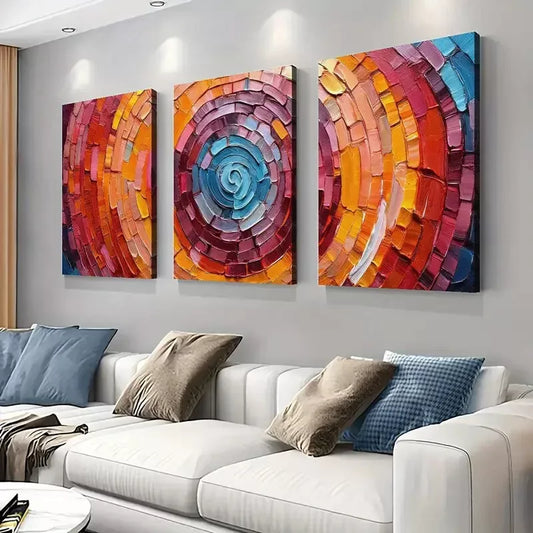 3pcs Vibrant Geometric Stone Brick Circular Wall Art Set Canvas Framed 40x60cm - High Quality Print 100% Australian Made Wall Canvas Ready to Hang