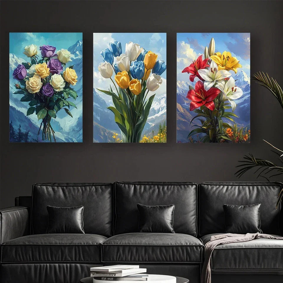 3pcs Multi-Color Flower Bouquet Metal Print Ready to Hang Art