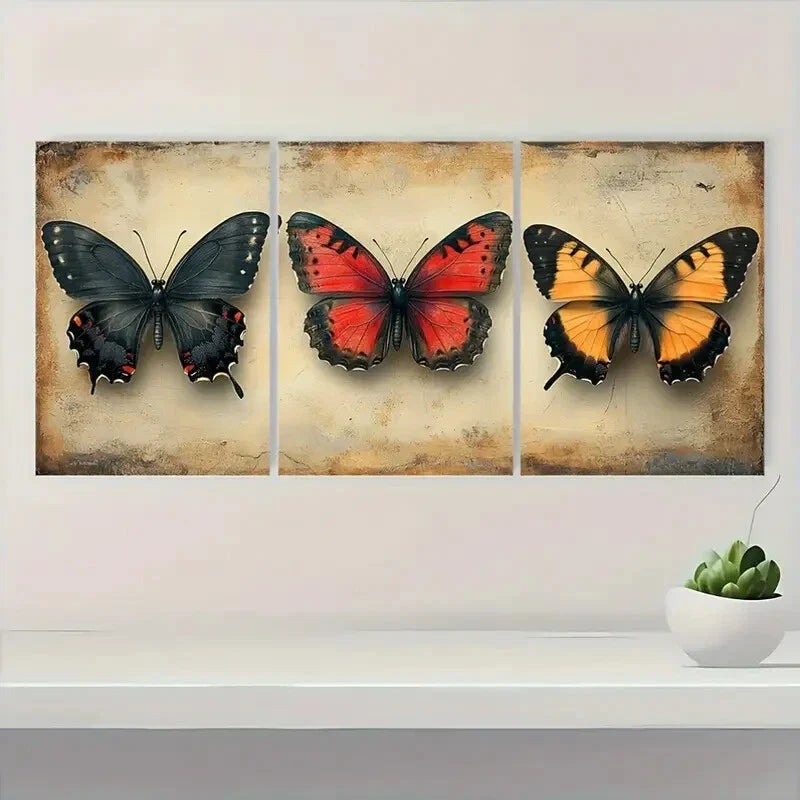 3pcs Vintage Butterfly Nature Inspired Animal Metal Print Ready to Hang Art