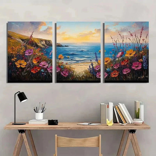 3pcs Coast Beach Wildflowers Landscape Wall Art Set Canvas Framed 40x60cm - High Quality Print 100% Australian Made Wall Canvas Ready to Hang
