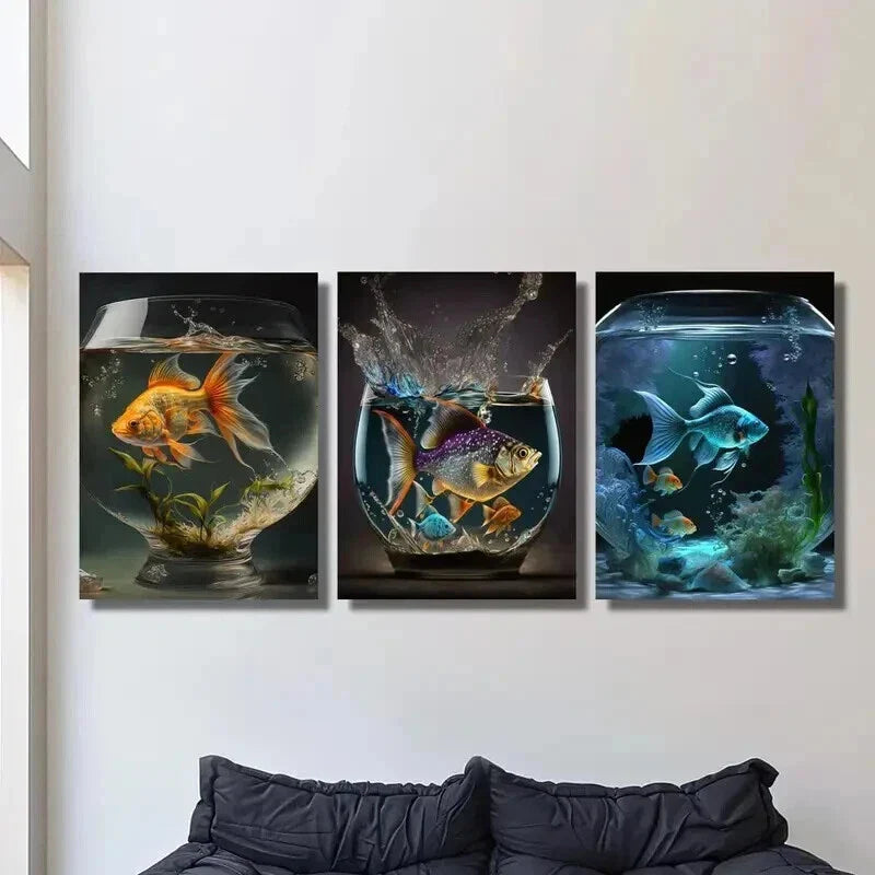 3pcs Vibrant Goldfishes in Aquarium Scene Wall Art Set Canvas Framed 40x60cm - High Quality Print 100% Australian Made Wall Canvas Ready to Hang