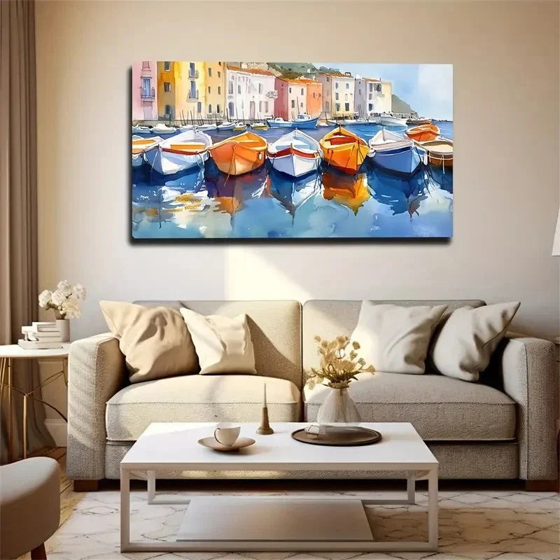 Colorful Port Realistic Lands Wall Art Canvas Office Home Room Framed 120x60cm