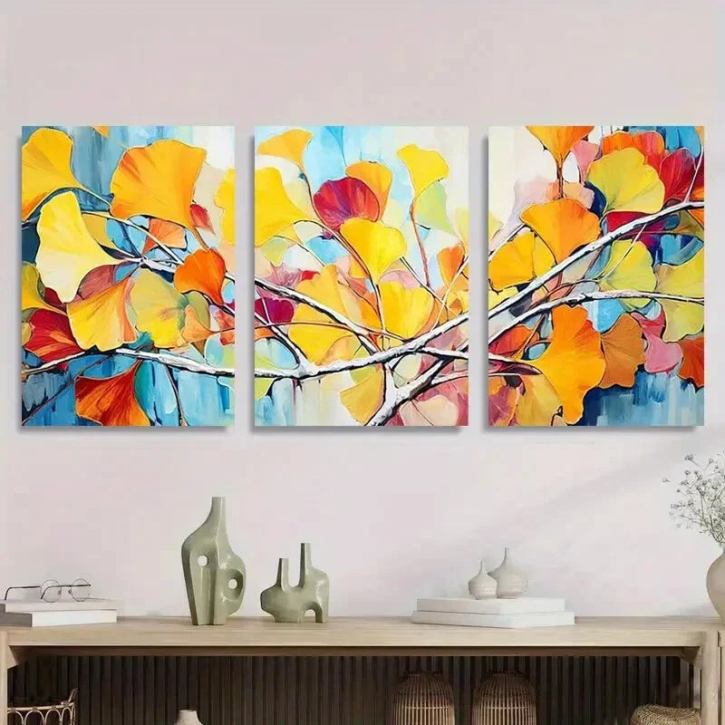 3pcs Vibrant Ginkgo Leaves Abstract Colorful Metal Print Ready to Hang Art