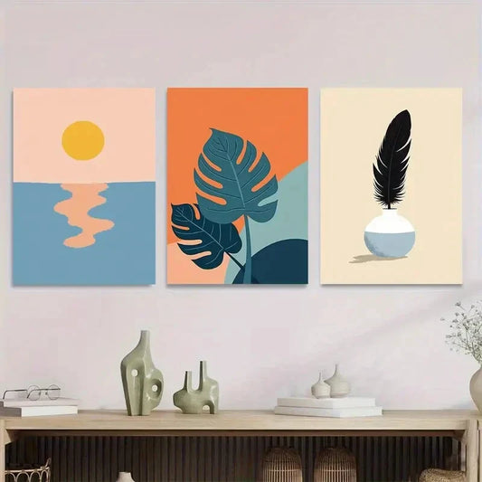 3pcs Modern Abstract Sunset, Tropical Leaves Metal Print Ready to Hang Art