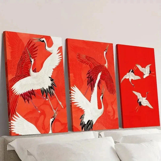 3pcs Vintage Japanese Style Crane Bird Wall Art Set Canvas Framed 40x60cm - High Quality Print 100% Australian Made Wall Canvas Ready to Hang
