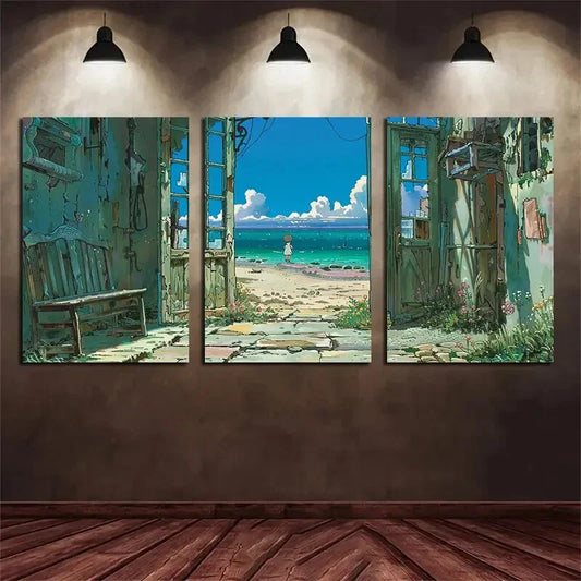 3pcs Rustic Beach View Blue Sky and White Clouds Metal Print Ready to Hang Art