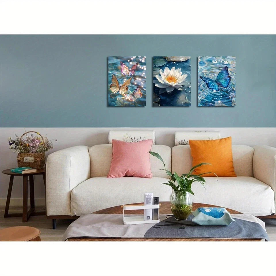 3pcs White Flower Pond Lake Painting Modern Metal Print Ready to Hang Art