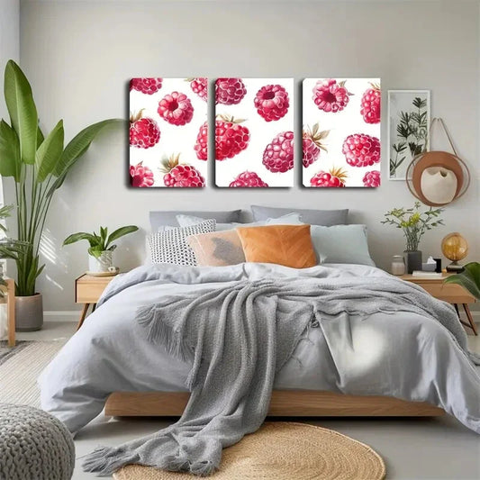 3pcs Raspberry Watercolor Style Wall Art Set Canvas Framed 40x60cm - High Quality Print 100% Australian Made Wall Canvas Ready to Hang