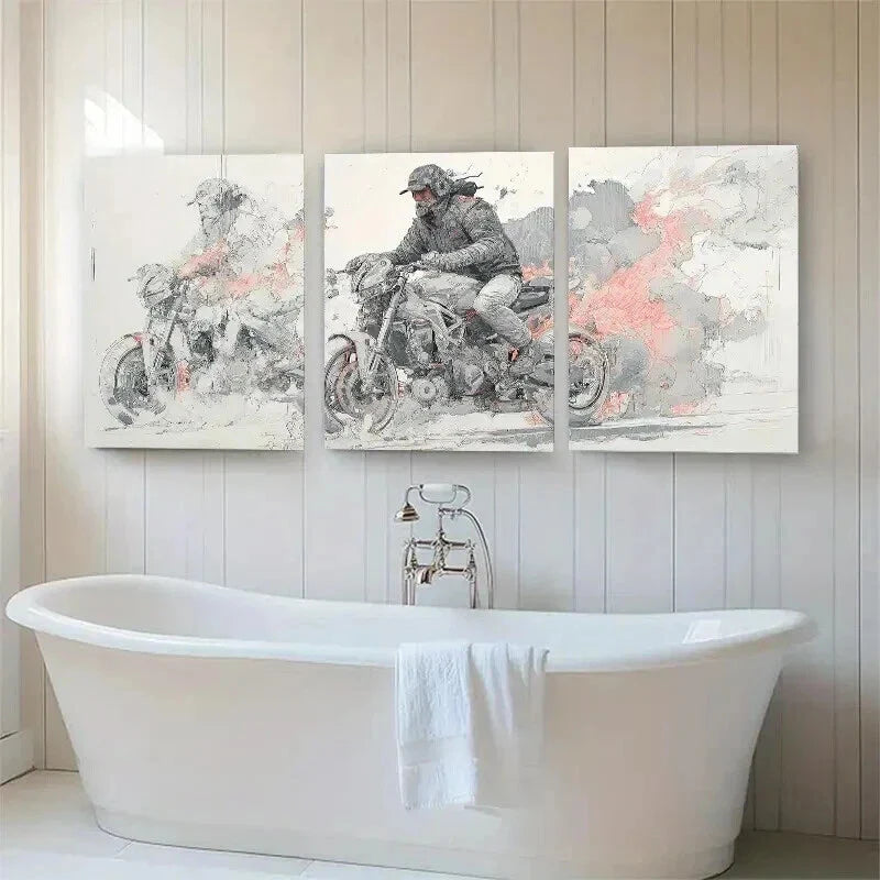 3pcs Biker in Action with Creative Smoke Perfect Wall Art Set Canvas Framed 40x60cm - High Quality Print 100% Australian Made Wall Canvas Ready to Hang